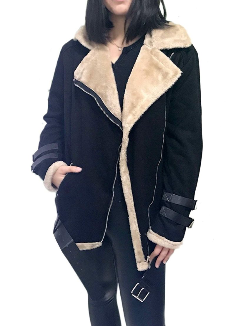 OMZIN Women's Casual Jacket Zipper Lapel Winter Thick Moto Jacket Coat ...