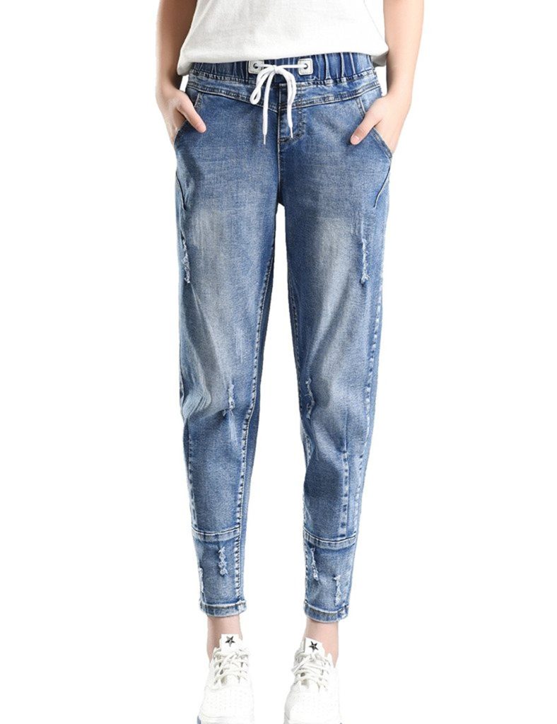 PHOENISING Women's Stylish Ripped Hole Fashion Cropped Jeans Drawstring ...