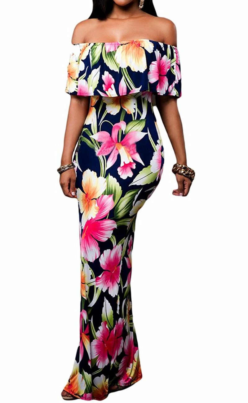 Happy Sailed Flowers Off Shoulder Ruffle Party Homecoming Maxi Dress S ...