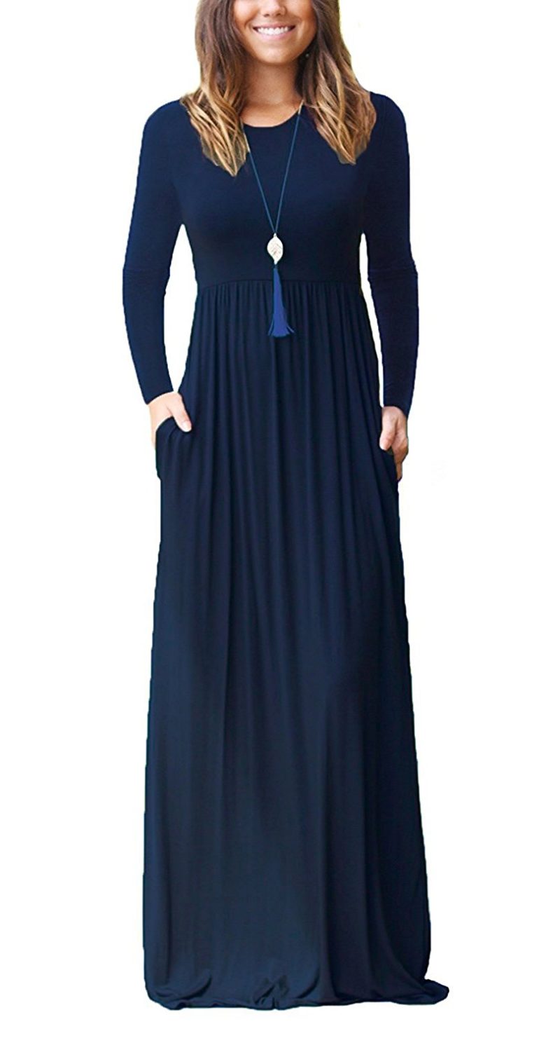 ASCHOEN Women’s Casual Long Sleeve Plain Maxi Dress With Pockets ...