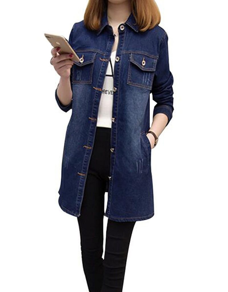 MYtodo Women’s casual denim jacket long sleeves solid color blouse ...