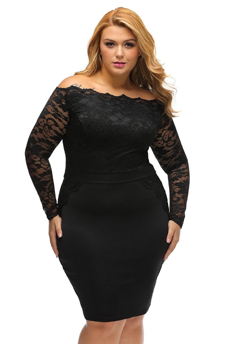 XAKALAKA Plus Size Long Sleeve Off Shoulder Lace Bodycon Cocktail Party ...