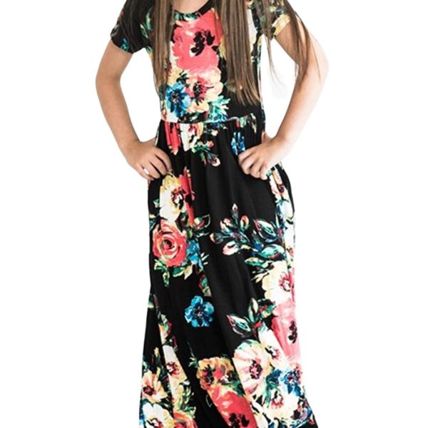 ZESICA Girl's Short Sleeve Floral Printed Empire Waist Long Maxi Dress ...
