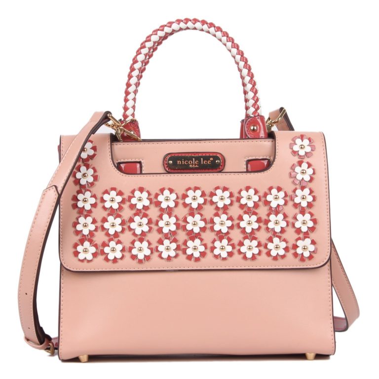 Top Handle Color Block Handbag with Flowers Applique Decoration Bag ...