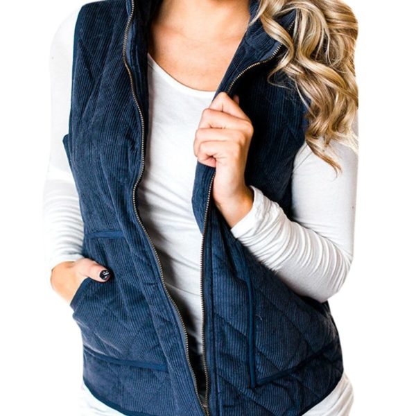 Womens Corduroy Quilted Vest Lightweight Zip Up Jacket Outwear With ...