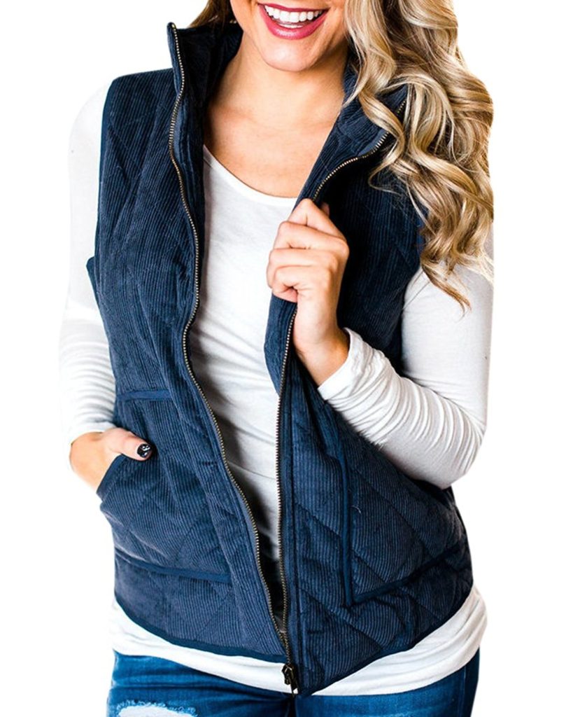 Womens Corduroy Quilted Vest Lightweight Zip Up Jacket Outwear With ...