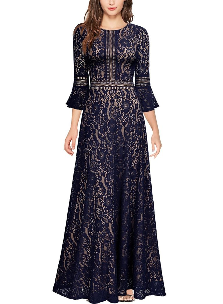 MissMay Women's Vintage Full Lace Contrast Bell Sleeve Formal Long Maxi