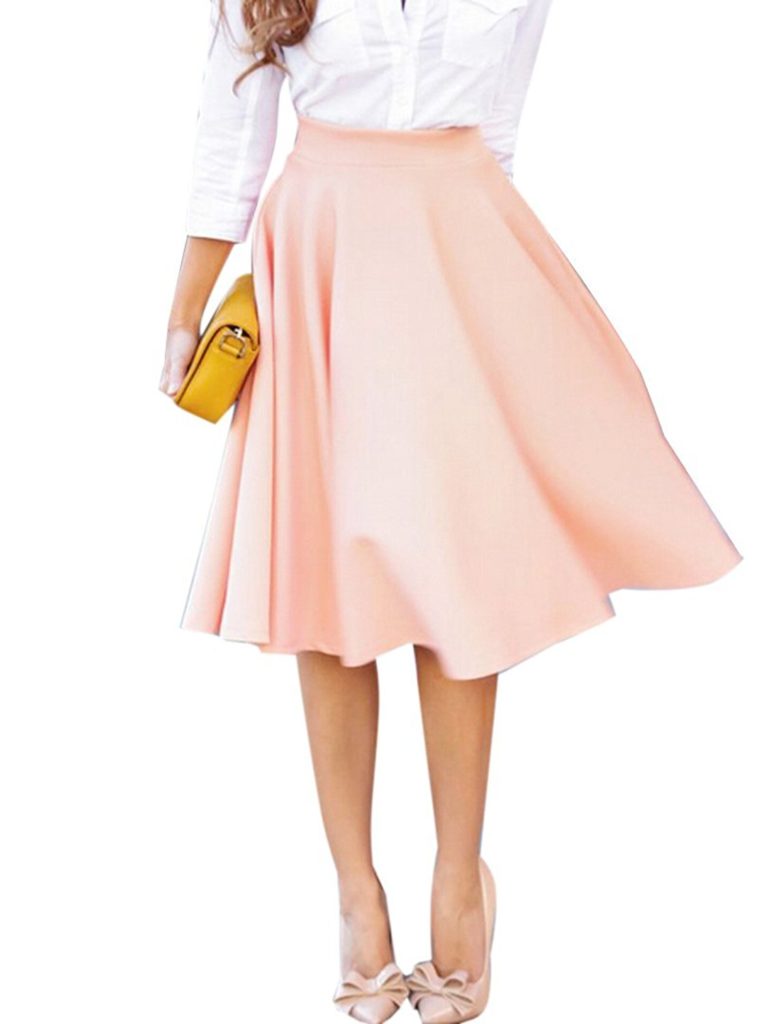 Clothink Women Peach Pink/White High Waist Midi Skater Skirt ...