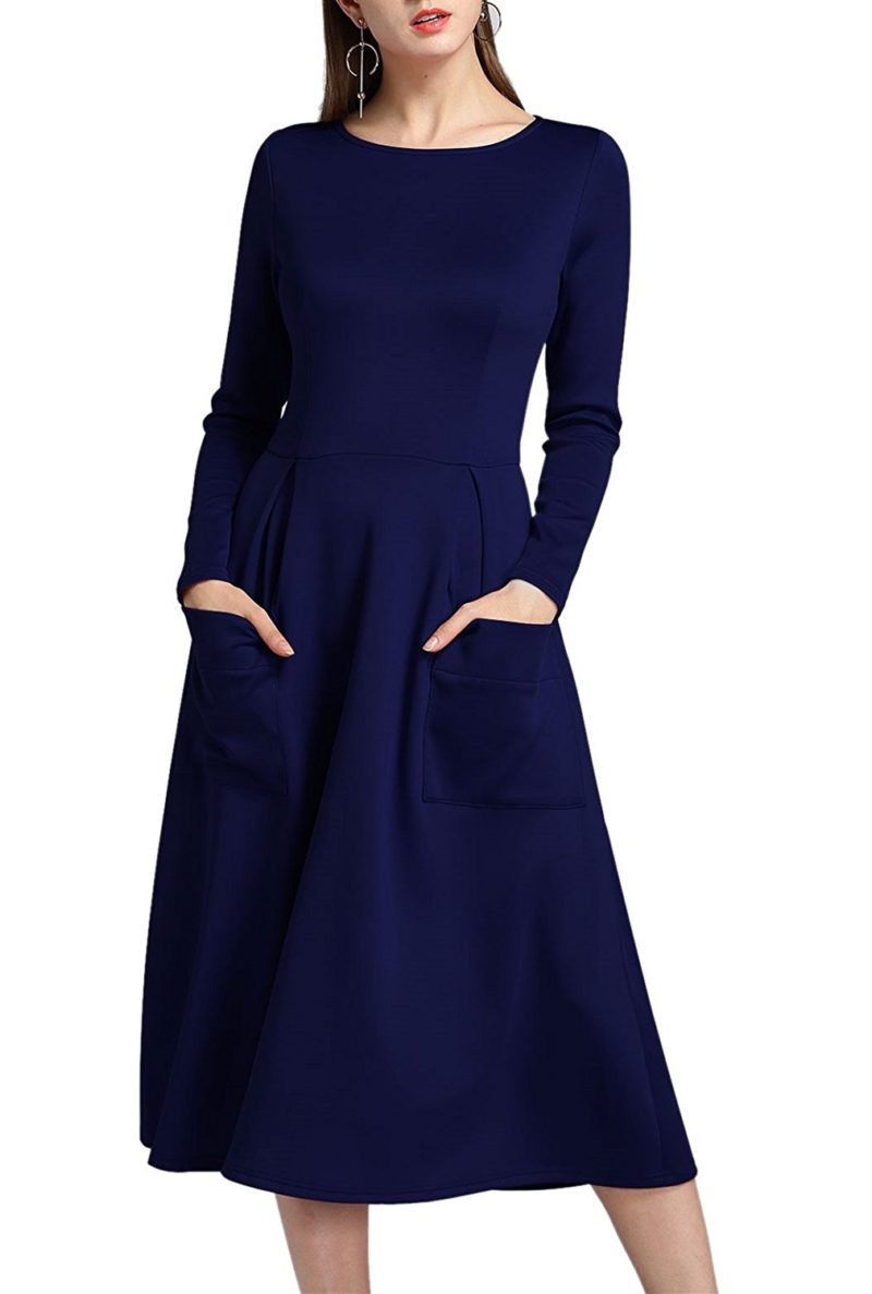 ECOLIVZIT Women's Long Sleeve Dress Solid Midi Casual Cocktail Work ...