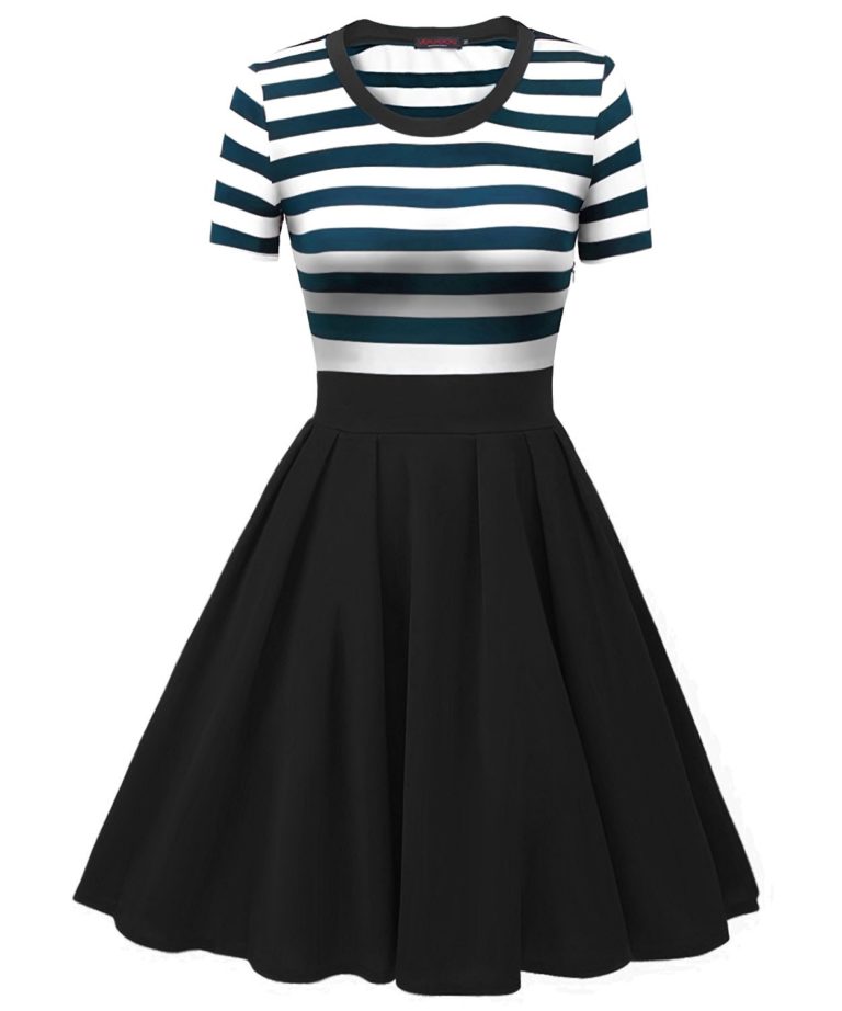 Vessos Women's Vintage Stripes Patchwok A-Line Short/Long Sleeve ...