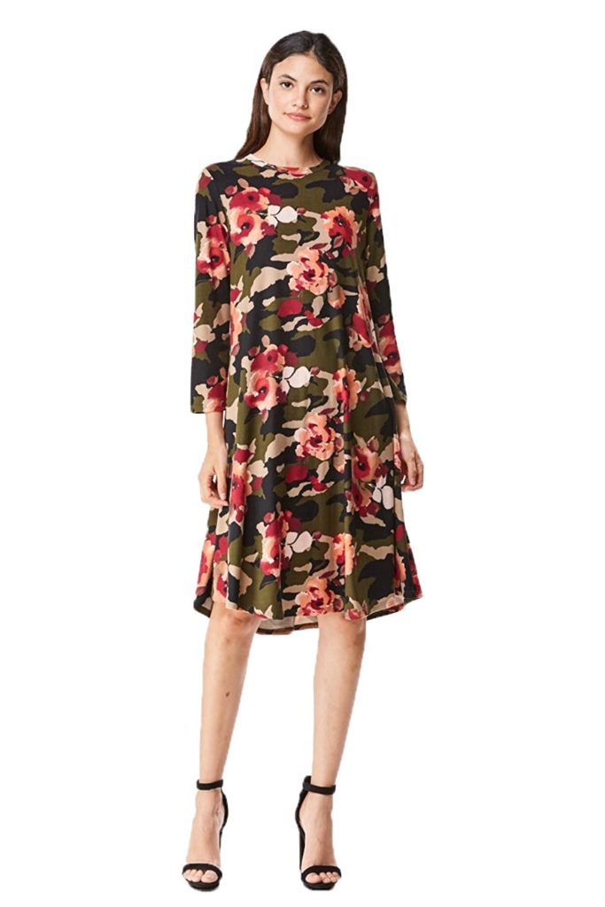 MoDDeals Women's Long Sleeve Midi Dress Solid Or Floral A-Line and ...