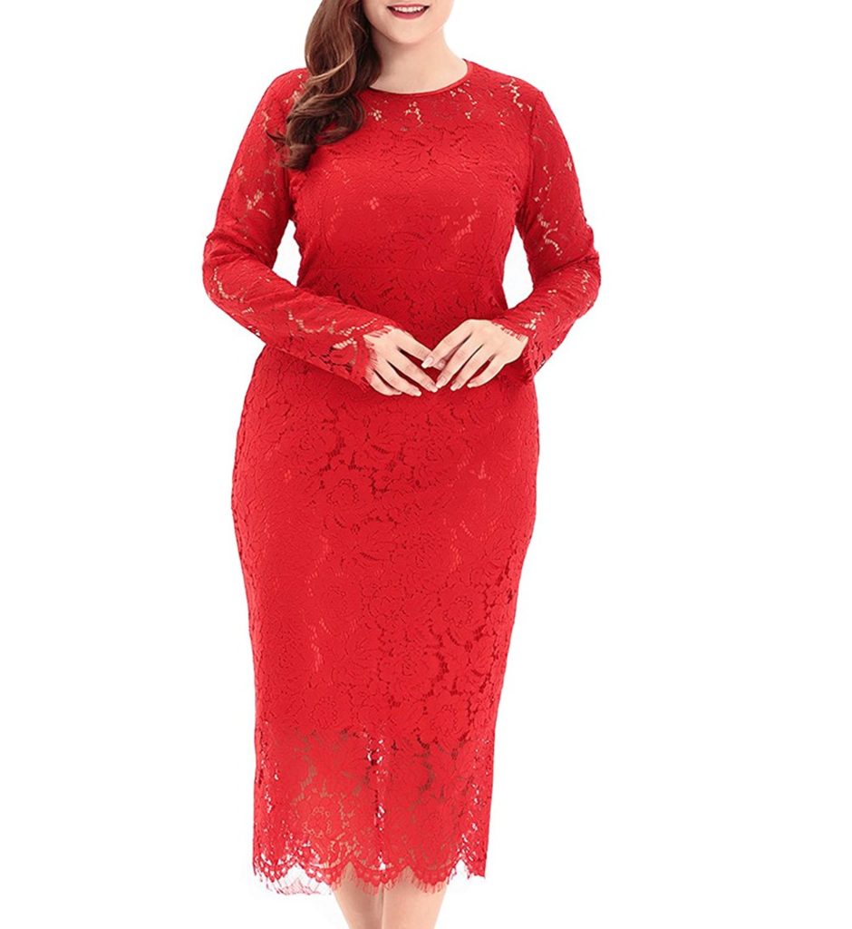 Eternatastic Women’s Floral Lace Long Sleeve Plus Size Lace Dress Red ...