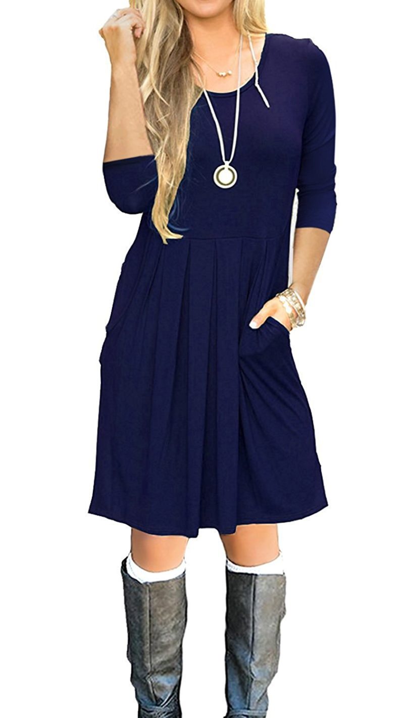 SouqFone Women’s Pleated Loose Swing Casual T-Shirt Dress With Pockets ...