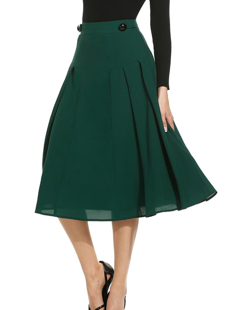 ANGVNS Women’s Casual High Waist Pleated Swing A-Line Midi Skirt With ...