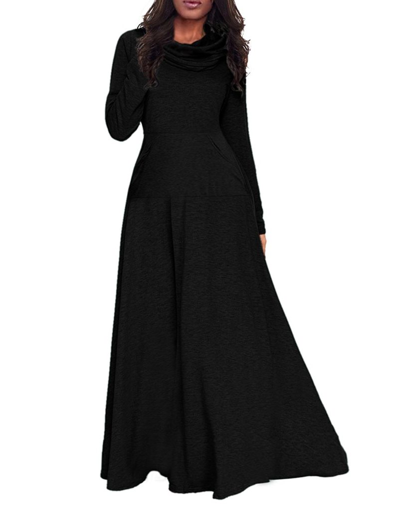 Corala Women's Long Sleeve Cowl Neck Plain Loose Casual Long Dress Maxi ...