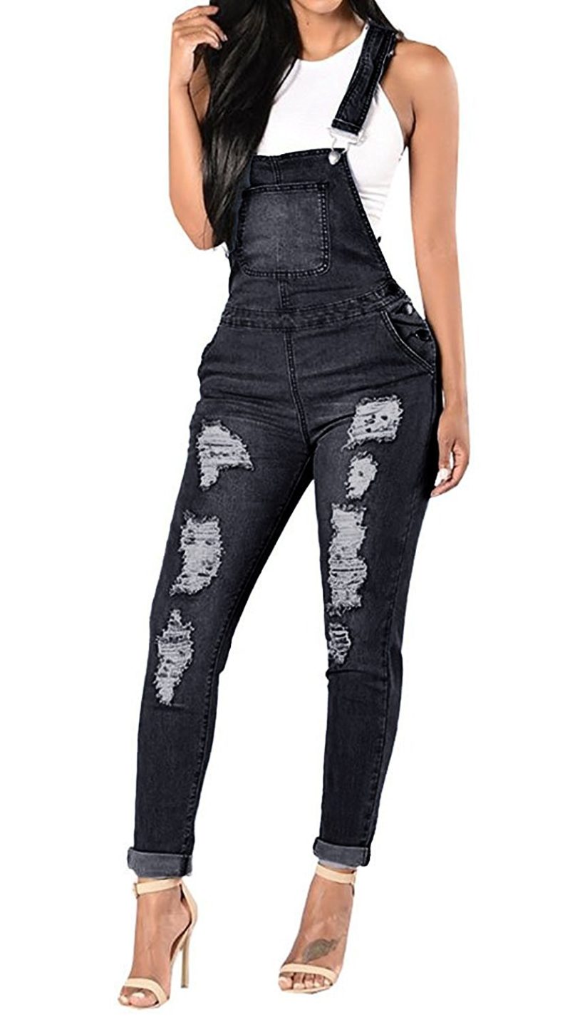 Meilidress Womens Denim Ripped Hole Bib Overall Jumpsuit Casual Jeans ...