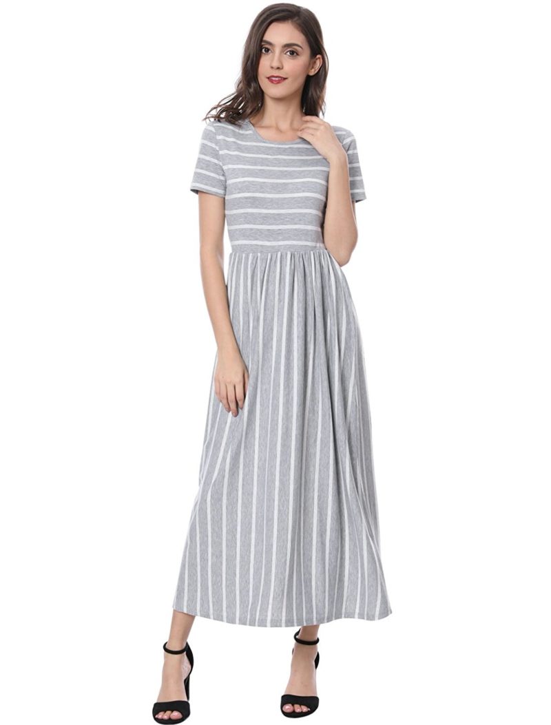 Allegra K Women’s Short Sleeves Contrast Mix Striped Maxi Dress ...