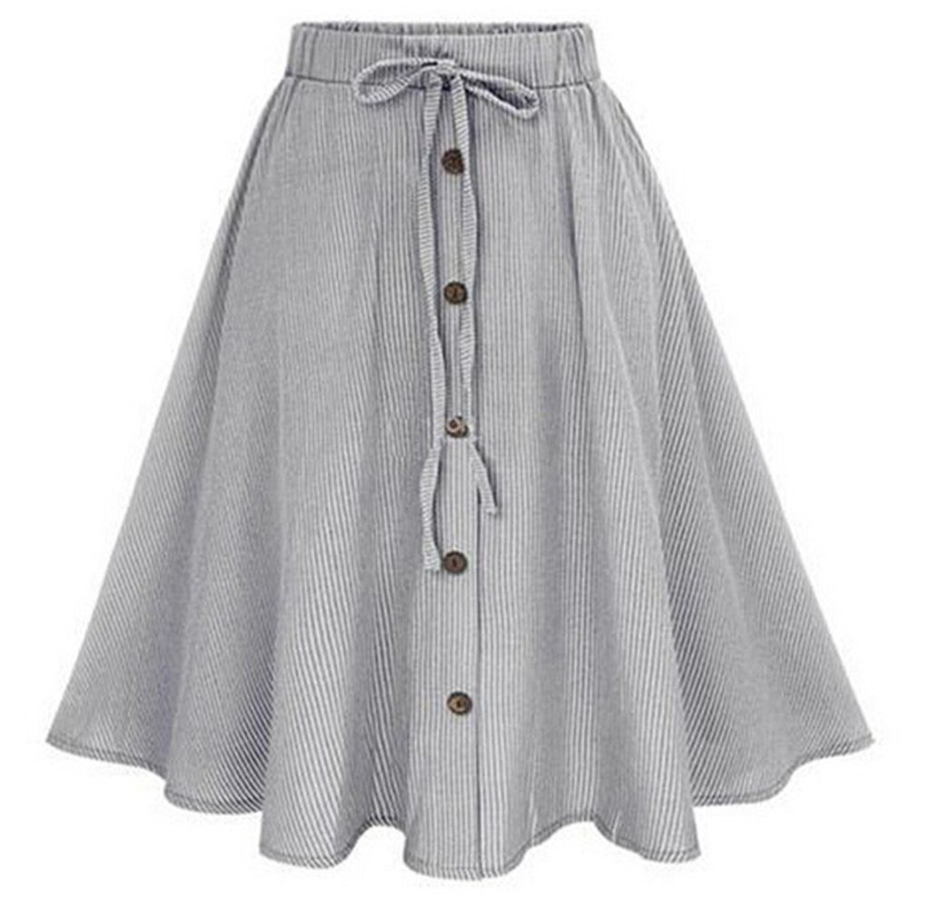 LALANG Women Skirt Vintage Stripe Print Lace-up Button High Waist ...