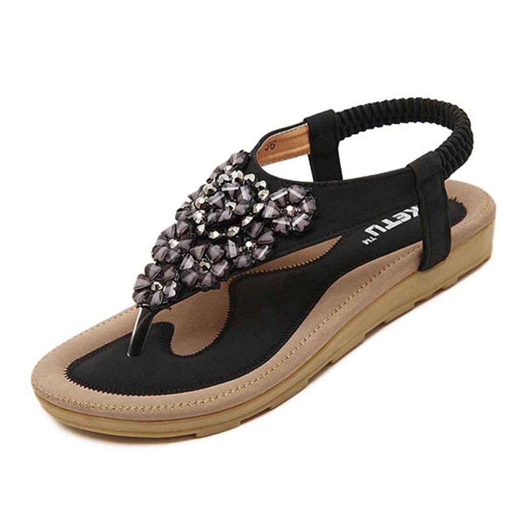 Start Women Summer Beaded Flower Flats Herringbone Sandals Beach Shoes ...