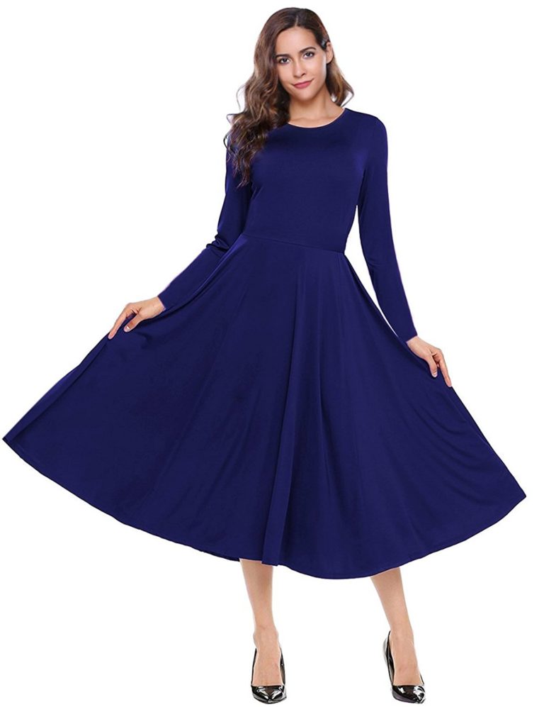 Leadingstar Women’s Long Sleeve A-Line Swing Midi Fit and Flare Casual ...