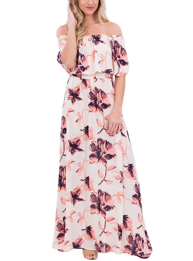 VIGVOG Women’s Boho Floral Print Off Shoulder Maxi Casual Dress With ...
