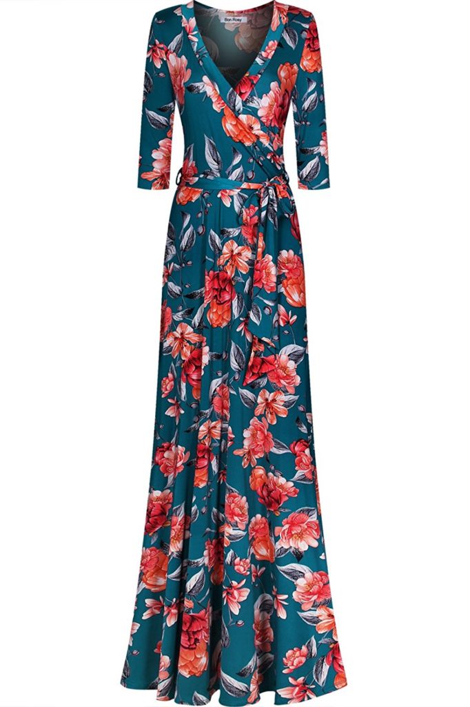 Bon Rosy Women’s 3/4 Sleeve V-Neck Printed Maxi Wrap Dress ...