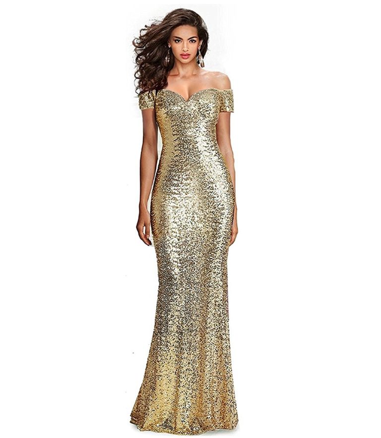 SUMINTRAS Fabulous Sequined Off-The-Shoulder Sweetheart Sequin Long ...