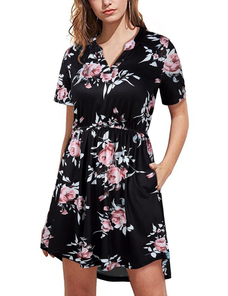 Faddare Women Comfy Short Sleeve Floral Print Knee Length Dresses With ...