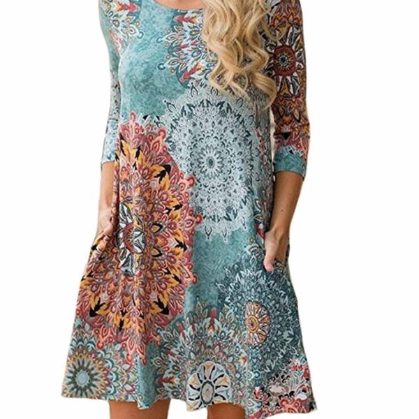 Women's Long Sleeve Floral Printed Casual Swing T-shirt Mini Dress with ...