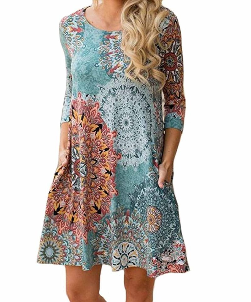 Women's Long Sleeve Floral Printed Casual Swing T-shirt Mini Dress with ...