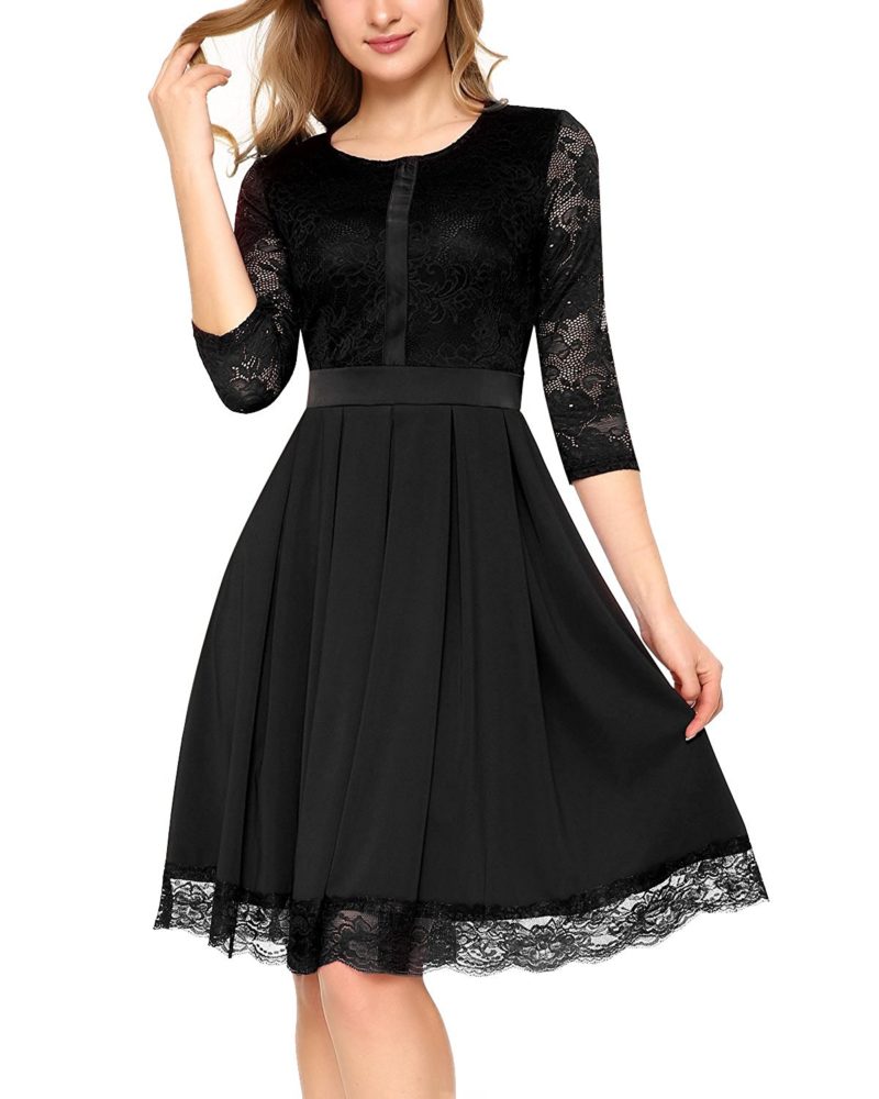 Mixfeer Women’s Vintage Floral Lace 2/3 Sleeve Elegant Pleated Cocktail ...