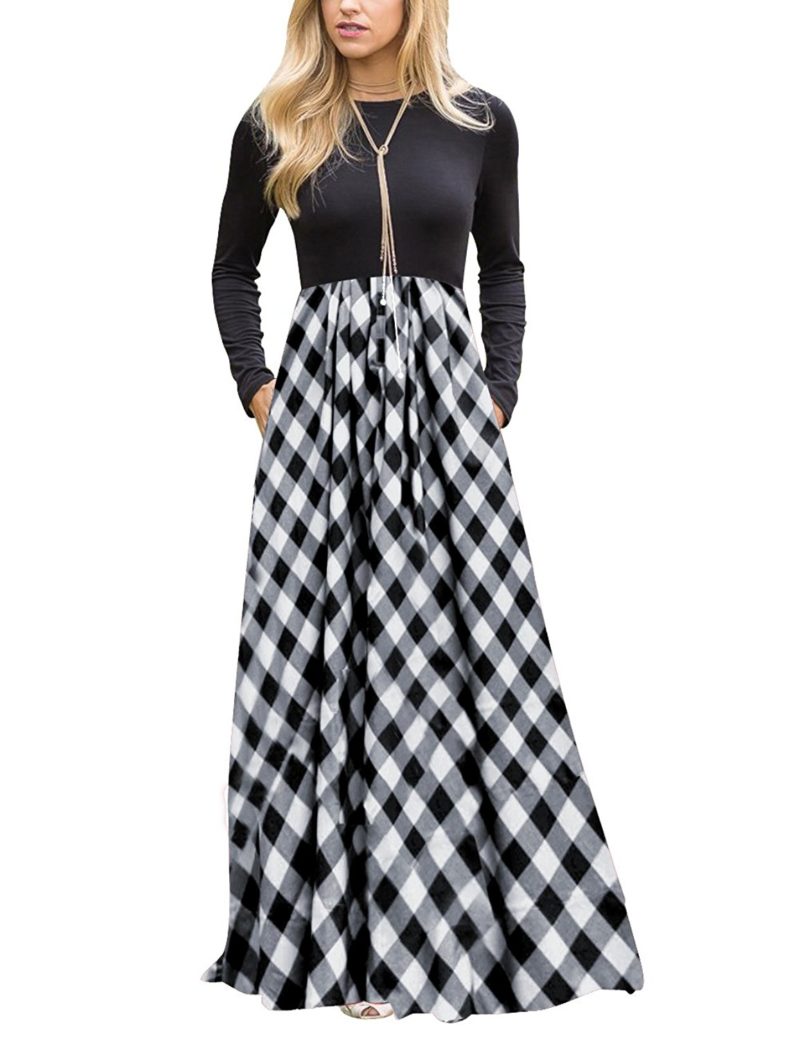 MEROKEETY Women’s Plaid Long Sleeve Empire Waist Full Length Maxi Dress ...