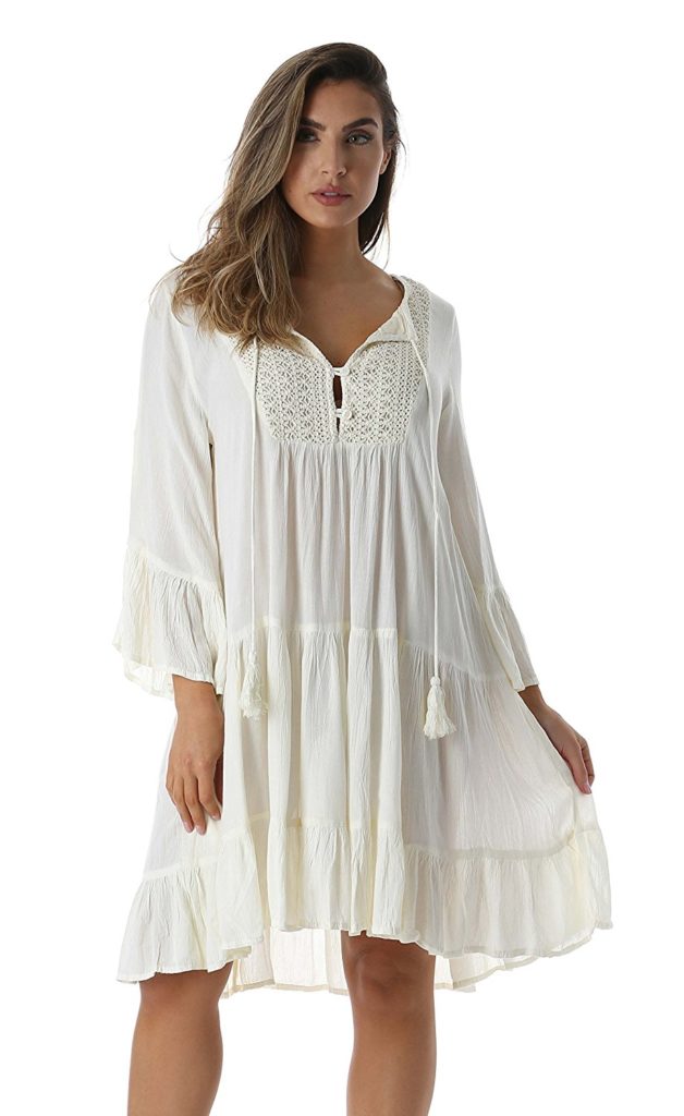 Riviera Sun Short Flowy Casual Dress With Crochet Front & Bell Sleeves ...
