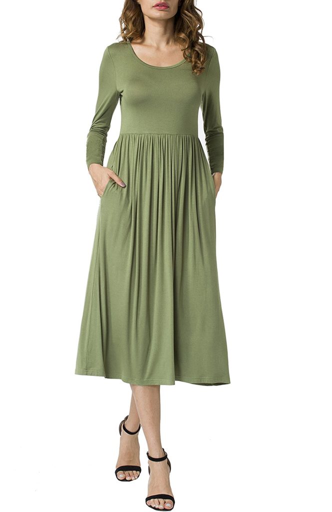 POSESHE Women's A-Line Swing Midi Dress Long Sleeve Long Dresses ...
