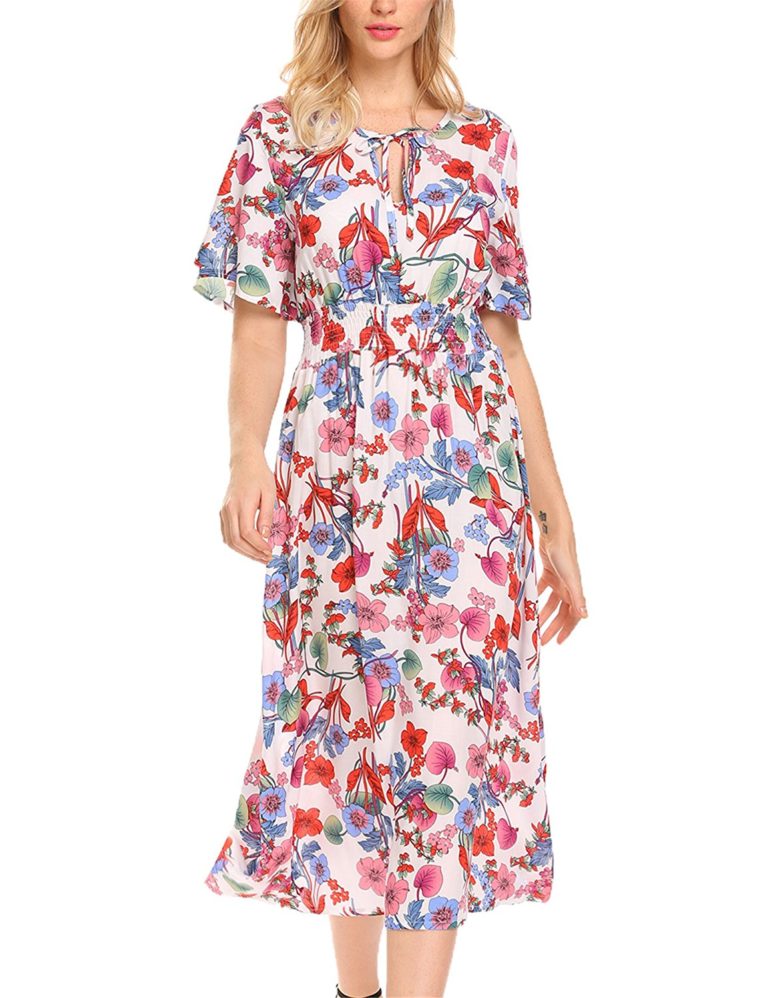 Funpor Women's Floral Summer Dress Short Sleeve A Line Flare Casual ...