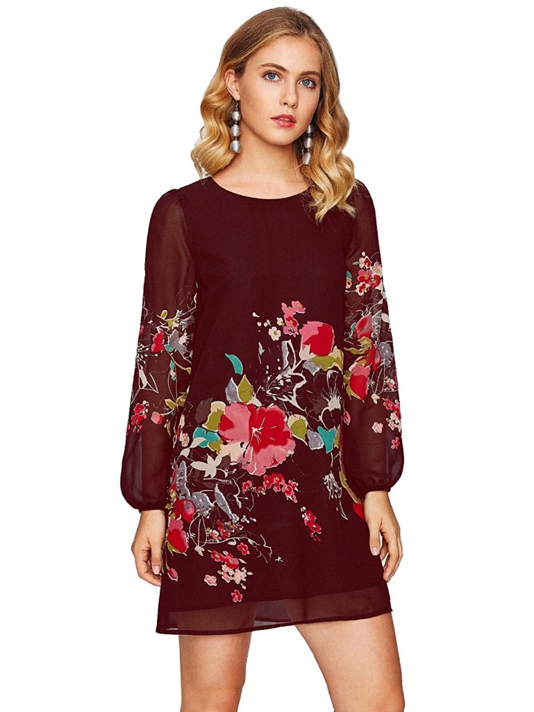 Floerns Women’s Floral Print Chiffon Sleeve Round Neck Casual A-Line ...