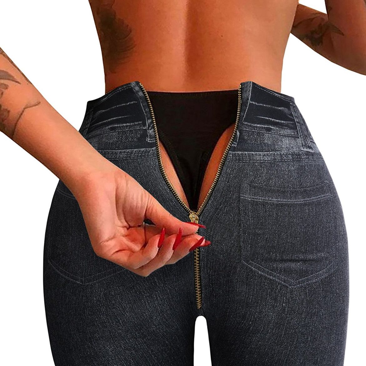 Huiyuzhi Womens Sexy Back Zipper Denim Print Fake Jeans Leggings