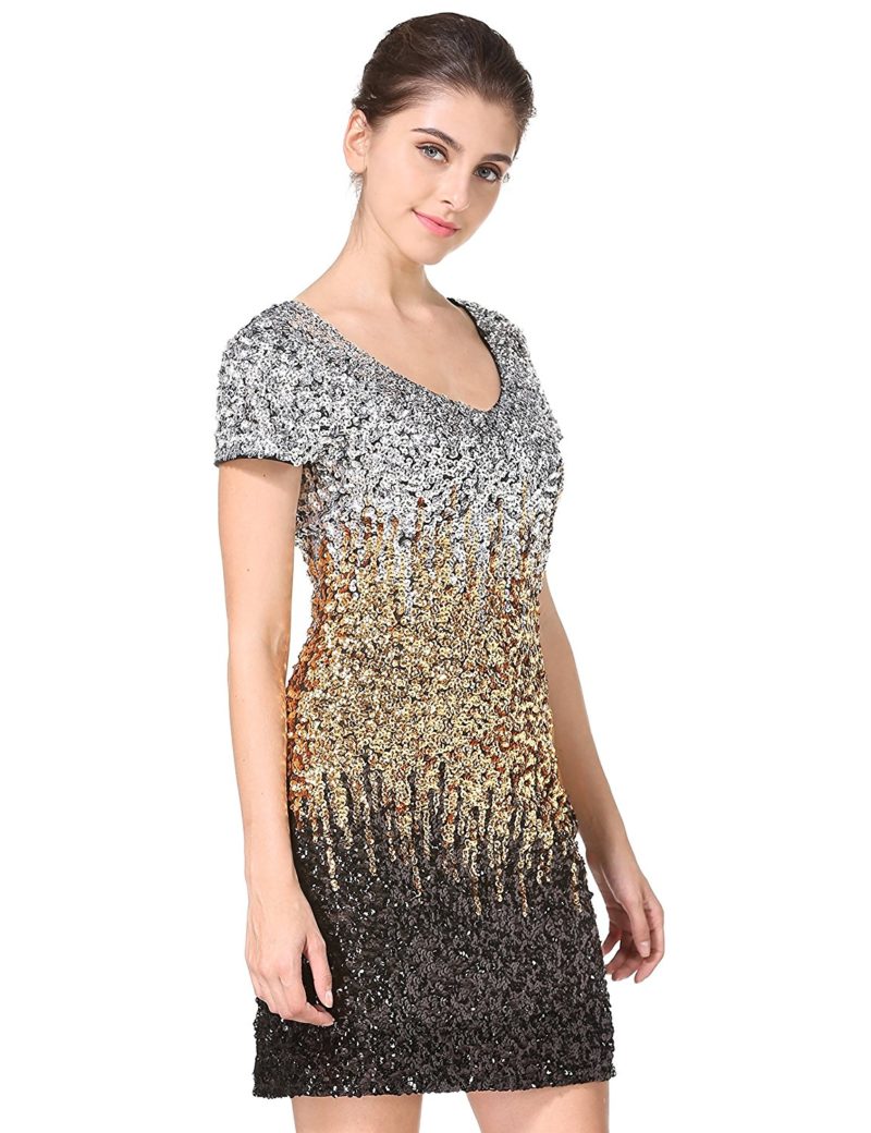 MANER Women’s Sequin Glitter Short Sleeve Dress Sexy V Neck Mini Party ...