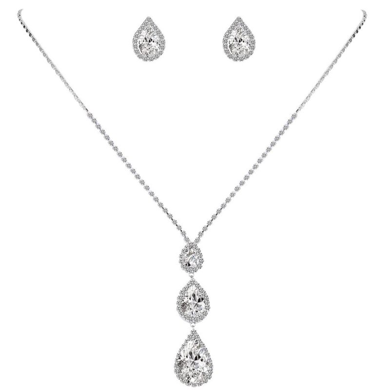 EleQueen Women’s Silver-tone Teardrop Bridal Necklace Dangle Earrings ...