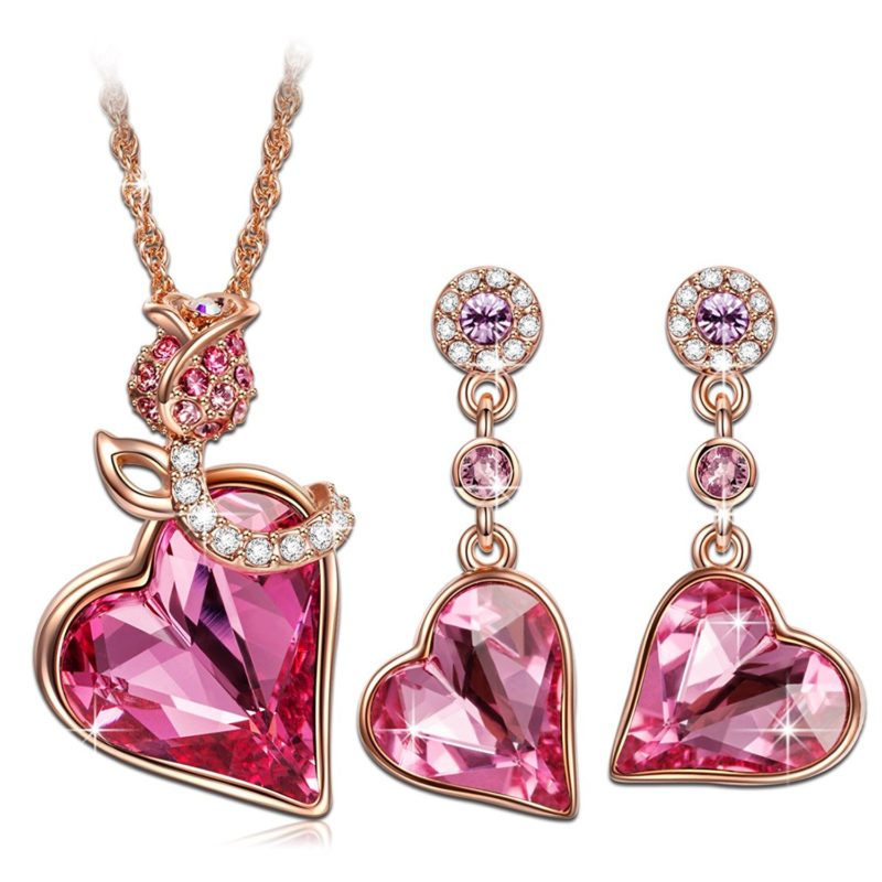 QIANSE “Rose Lover” Rose Gold Plated Jewelry Set Made with Swarovski ...