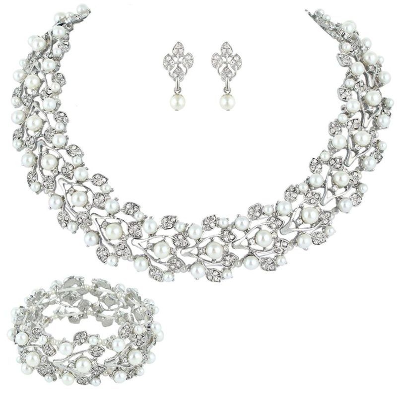 EVER FAITH Austrian Crystal Bridal Cream Simulated Pearl Leaf Jewelry ...